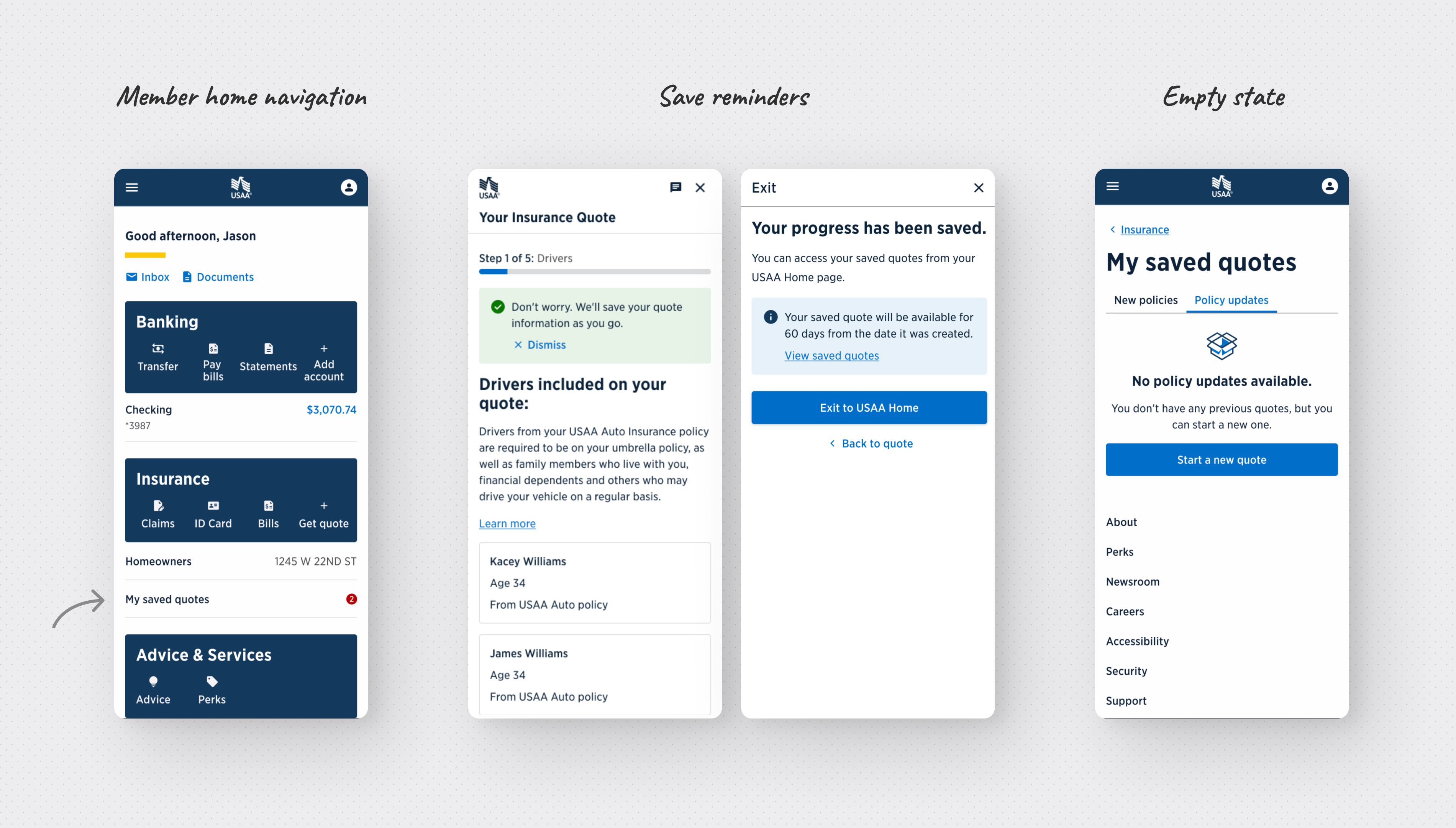 Member home experience showing saved quotes access